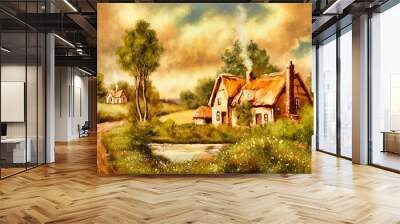 Old house in the woods. Digital oil paintings, old house on the bank of a small pond with trees and a road, Victorian vintage painting style. Fine art, artwork Wall mural