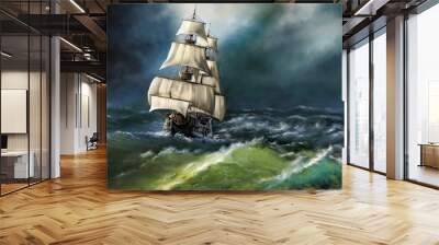 Old ship in the sea. Digital oil paintings landscape. Fine art. Wall mural