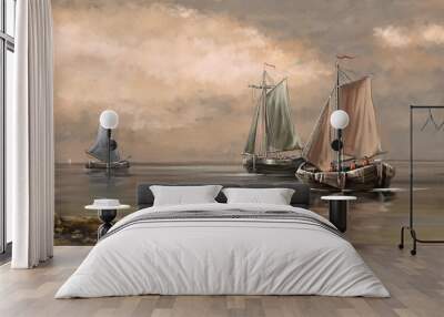 Sea landscape paintings, fisherman, boats, ships, art, digital oil paint. Wall mural