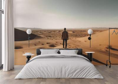 man in the desert stands with his back. Generative AI Wall mural