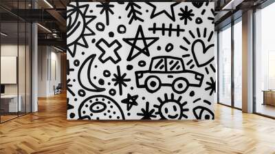 Pattern with car and travel theme, black marker on white background Wall mural