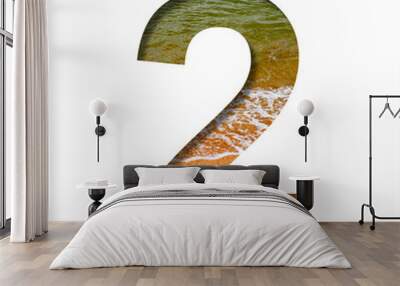 Sea shore font. The digit two, 2 cut out of paper on a background of the beach of seashore with coarse sand and emerald water. Set of decorative natural fonts. Wall mural