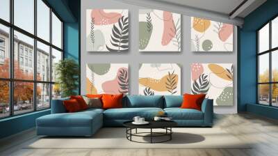 Set of six vector square backgrounds with abstract forms and leaves ornament Wall mural