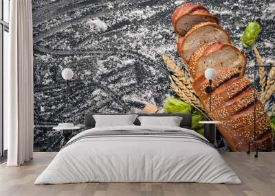 A great selection of baking and bread. Top view. Free space for text. Wall mural