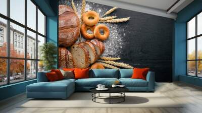 A great selection of baking and bread. Top view. Free space for text. Wall mural