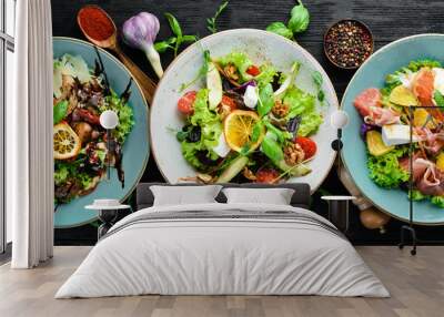 A set of salads. In the plate. Rustic style. Top view. Free space for your text. Wall mural