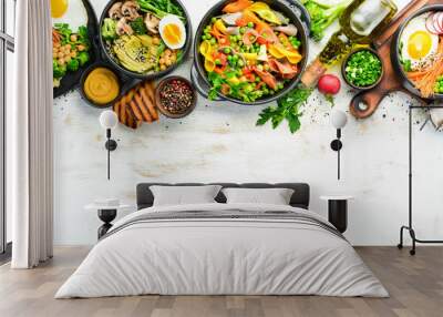 Assortment of food on white wooden background. Seafood, meat and vegetables. Wall mural