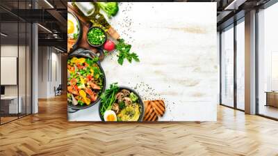 Assortment of food on white wooden background. Seafood, meat and vegetables. Wall mural