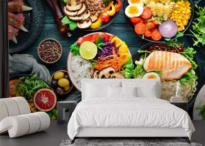 Assortment of healthy food dishes. Top view. Free space for your text. Wall mural