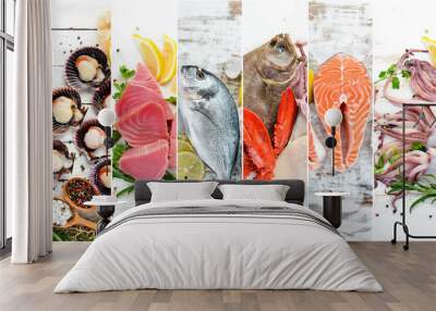 Banner collage. Fish and seafood on white wooden background. Wall mural