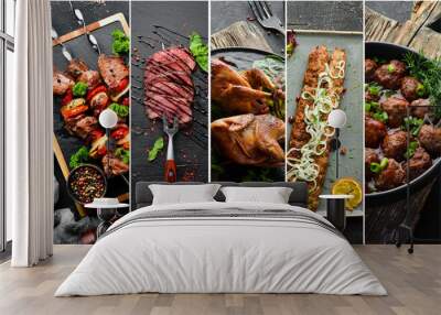 Barbecue, meat dishes: steak, kebab, sausage. Photo collage. Banner. Wall mural