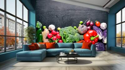 Big set organic food. Fresh raw vegetables. On a black chalkboard. Wall mural