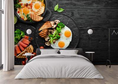 Breakfast set. Fried Egg with Vegetables and Fresh Salad. Top view. Assortment of healthy food. Wall mural