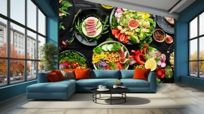 Buddha bowl. Dishes menu. Free copy space. Top view. Wall mural