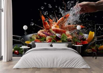 Chef cooking with Tiger prawn and vegetables in a metal pan. On a dark background. Wall mural