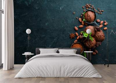 Chocolate ice cream with chocolate. Top view. Free space for your text. Wall mural