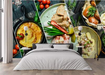 Collage. Assortment of dishes from different countries of the world. Food and snacks. Wall mural