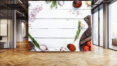 Cooking banner. Background with spices and vegetables. Top view. Free space for your text. Wall mural