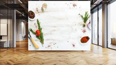 Cooking banner. Background with spices and vegetables. Top view. Free space for your text. Wall mural