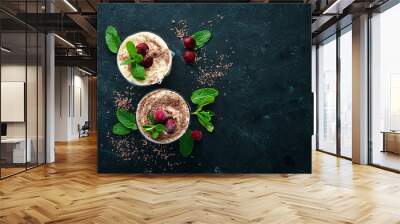 Dessert Tiramisu with cherries. Top view. Free space for your text. Wall mural