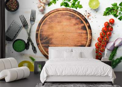 Food banner. Spices, vegetables and herbs on a white wooden background. Top view. free space for your text. Rustic style. Wall mural