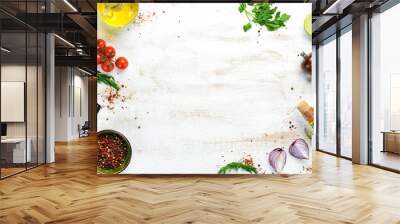 Food banner. Spices, vegetables and herbs on a white wooden background. Top view. free space for your text. Rustic style. Wall mural