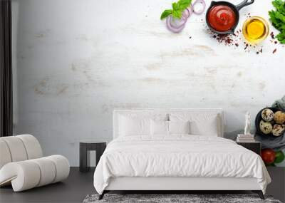 Food banner. Vegetables, spices and herbs. Flat lay. Top view. Free copy space. Wall mural