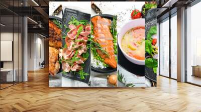 Food collage on white wooden background. Assortment of dishes and drinks. Wall mural