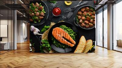 Food. A set of delicious dishes and delicacies. Flat lay. Top view. Free copy space. Wall mural