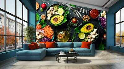 Food. Set of dishes on the table. The concept of dietary nutrition. On a stone background. Top view. Wall mural