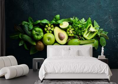 Fresh Green Fruits and Vegetables. Organic food. Rustic style. Top view. Free space for text. Wall mural