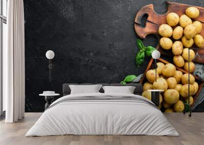 Fresh potatoes on a black background. Organic food. Top view. Free space for text. Wall mural