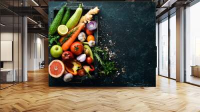 Fresh vegetables and fruits in wooden box. Organic food. Wall mural