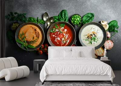 Homemade vegetarian soups and ingredients for cooking. In a bowl. Healthy food concept. Advertising photo. Wall mural