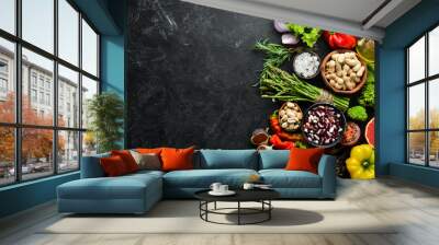 Organic food. Fresh vegetables and fruits. Top view. Free copy space. Wall mural