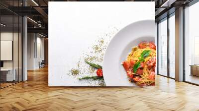 Pasta tomatoes. Italian traditional food. On a wooden background. Top view. Free space for your text. Wall mural