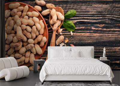 Peanuts on a dark wooden background. Healthy snacks. Top view. Free space for text. Wall mural