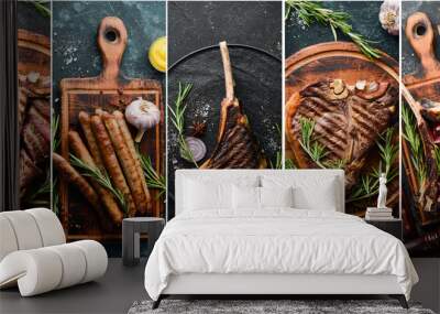 Photo banner. Photo collage, barbecue, grilled steaks and meat. On a black stone background. Wall mural