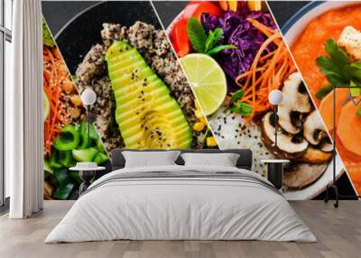 Photo collage of dietary dishes and healthy food. A set of dishes in plates. Photo banner for a food site. Wall mural