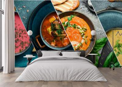 Photo collage of various soups and cream soups. A set of colored soups in bowls. Photo banner for a food site. Wall mural