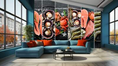 Photo collage. Seafood and raw fish on black stone background. Wall mural