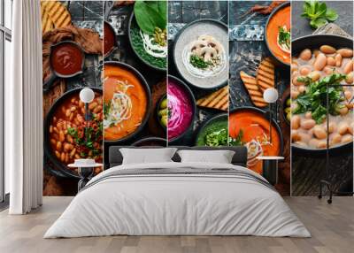 Photo collage. Set of soups. Colored cream soups. Top view. Wall mural