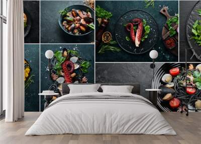 Seafood dishes: salmon, Dorado, octopus, mussels. Photo collage. Banner. Wall mural