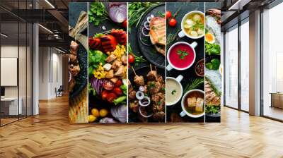 Set of dishes. Seafood, meat and vegetables. Photo collage. Banner. Wall mural