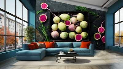 Useful vegetables. Radish watermelon on a metal tray, diet food. Free space for text, on stone background. Wall mural