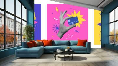 Collage designs with hands holding coin, credit card and banknote. Online shopping, banking or savings concept.  Wall mural