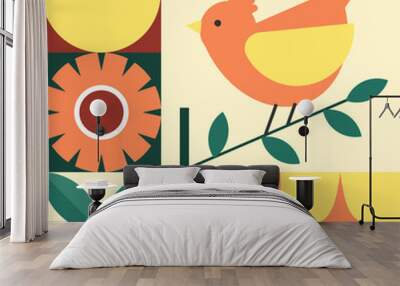 Modern geometric banner. Bird, flowers and leaves in flat minimalist style. Wall mural