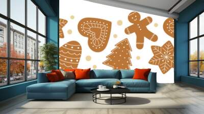 Seamless border of gingerbread cookies. Winter homemade sweets on white background Wall mural