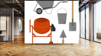 Set of construction tools. Concrete mixer, wheelbarrow, bucket and spade. Wall mural