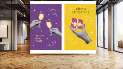 Set of New Year greeting cards with collage designs. Trendy pop art template for winter holidays cards, banners, posters Wall mural